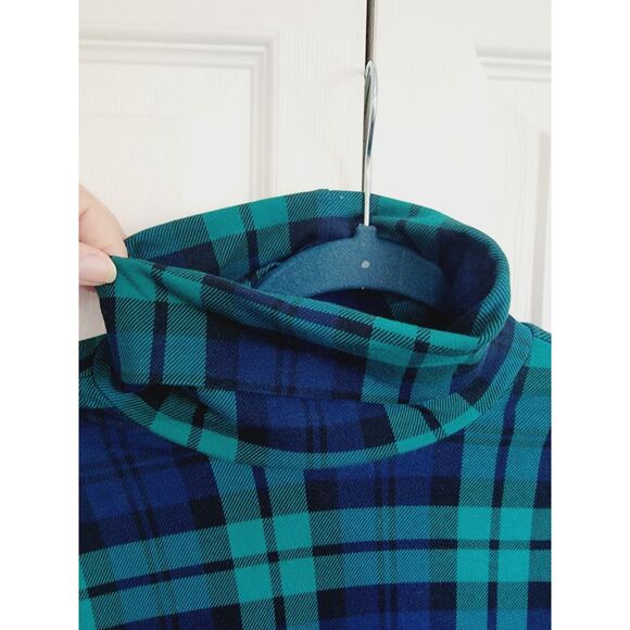 Lands End M/T Tartan Plaid Turtleneck Size M‎ Blue Green Shaped Fit Modal Cotton - Picture 4 of 7